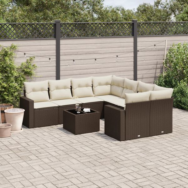 vidaXL 9-delige Loungeset met kussens poly rattan bruin