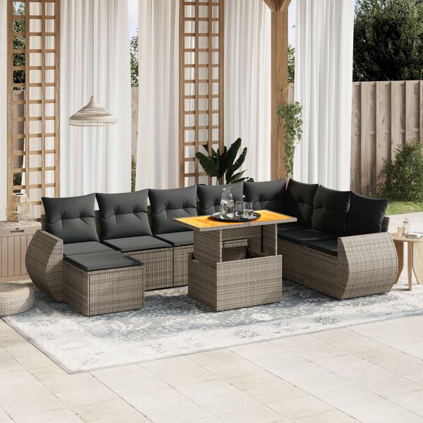 vidaXL 9-delige Loungeset met kussens poly rattan grijs