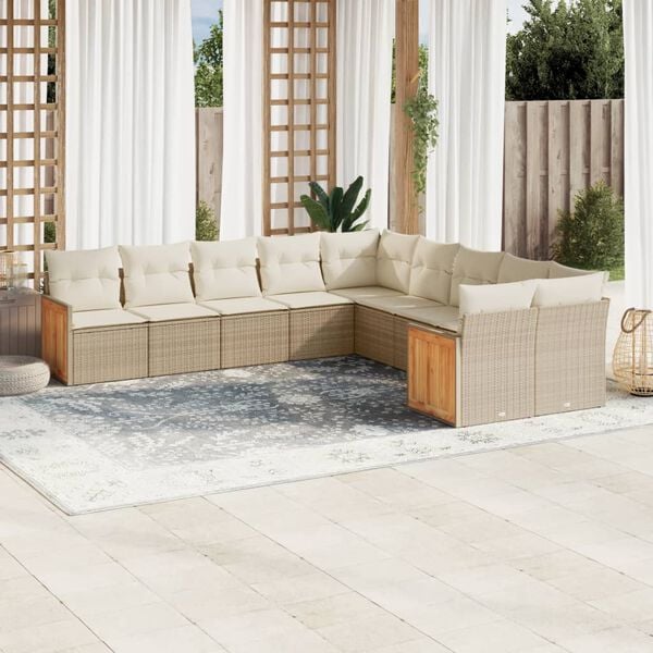 vidaXL 10-delige Loungeset met kussens poly rattan beige