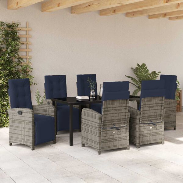 vidaXL Tuin eettafelset met kussen 7 pcs Grijs poly rattan