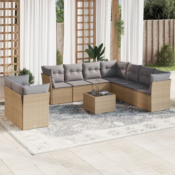 vidaXL 10-delige Loungeset met kussens poly rattan beige