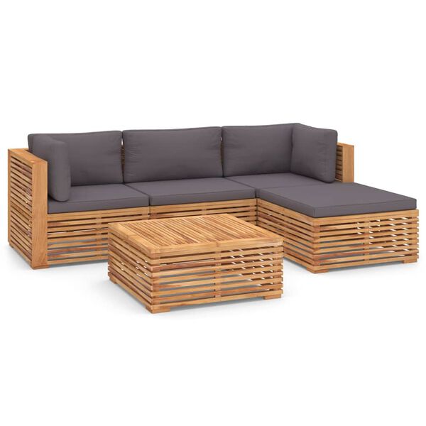 vidaXL 5-delige Loungeset met donkergrijze kussens massief teakhout
