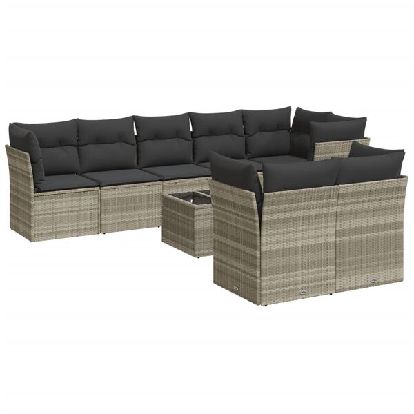 vidaXL 9-delige Loungeset met kussens poly rattan lichtgrijs