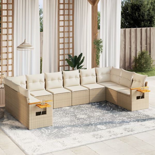vidaXL 10-delige Loungeset met kussens poly rattan beige