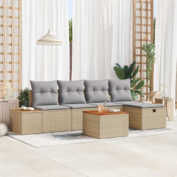vidaXL Tuin Sofa Set met kussen 6 pcs Beige Poly riet