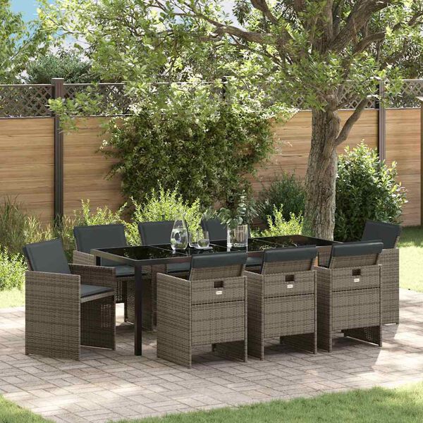 vidaXL Tuin eettafelset met kussen 9 pcs Grijs poly rattan