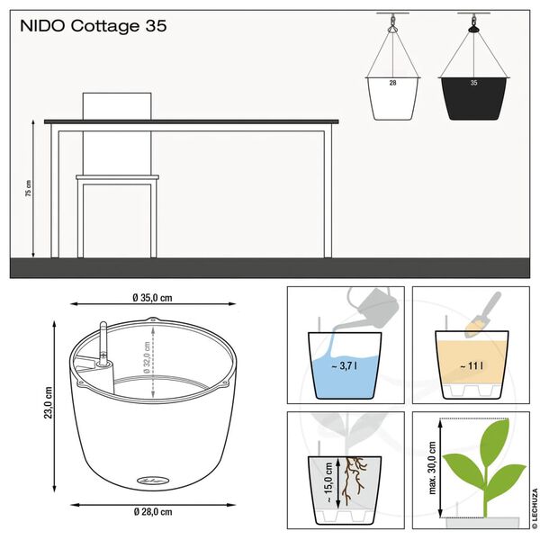 LECHUZA Plantenbak NIDO Cottage 35 ALL-IN-ONE hangend grafietzwart