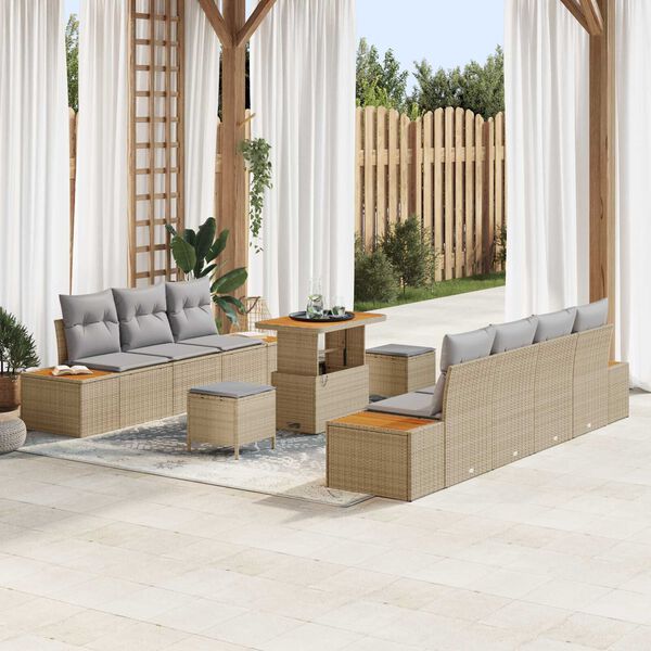 vidaXL Tuinbankenset met kussen met opslag 10 pcs Beige Poly riet