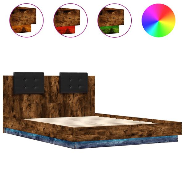 vidaXL Bedframe met hoofdbord en LED gerookt eikenkleur 150x200 cm
