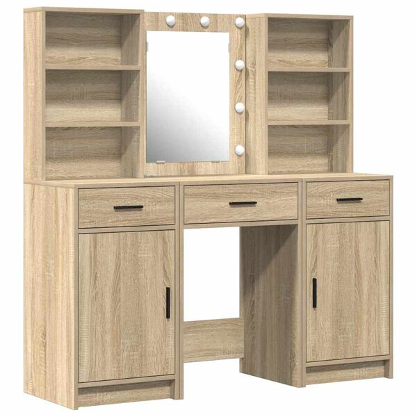 vidaXL Make-up tafel set met LED 3 pcs Sonoma Eiken Bewerkt hout