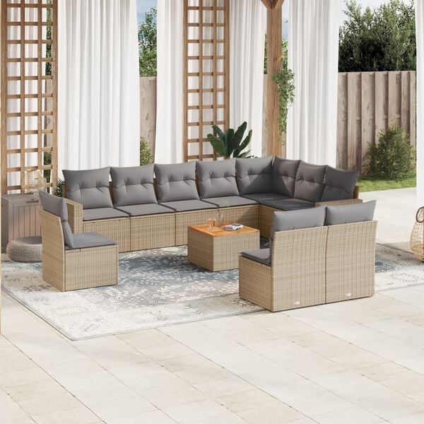 vidaXL 11-delige Loungeset met kussens poly rattan gemengd beige
