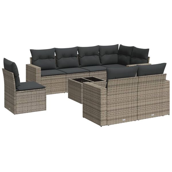 vidaXL 9-delige Loungeset met kussens poly rattan grijs