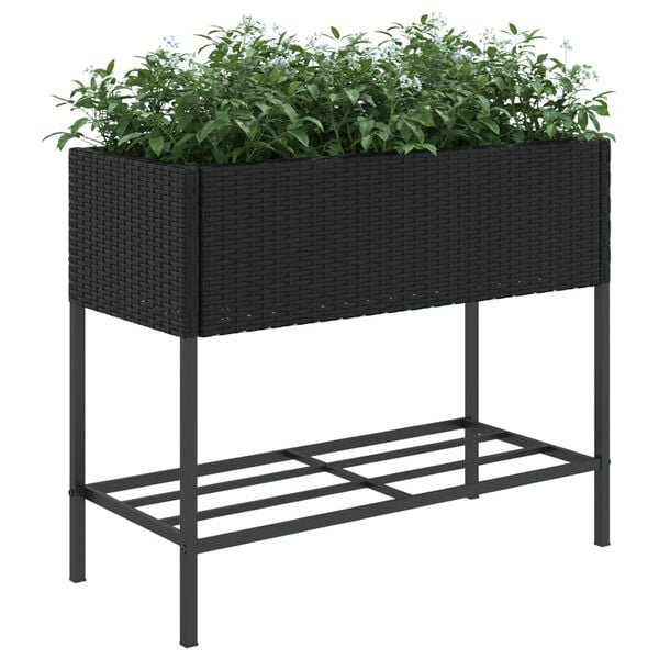 vidaXL Plantenbak met schap poly rattan zwart