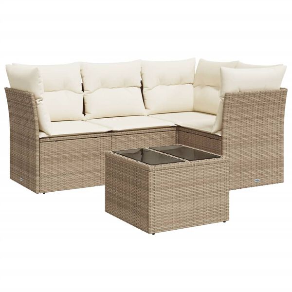 vidaXL 5-delige Loungeset met kussens poly rattan beige