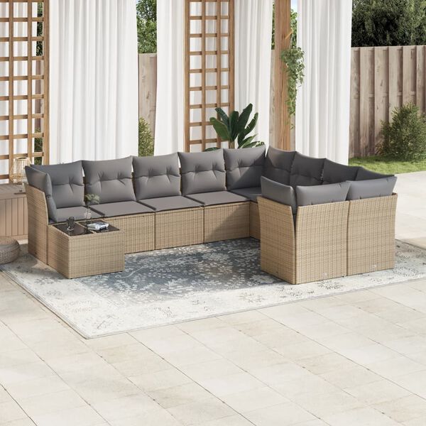vidaXL 10-delige Loungeset met kussens poly rattan beige