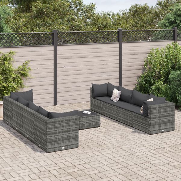 vidaXL 9-delige Loungeset met kussens poly rattan grijs