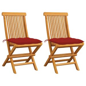 vidaXL Opklapbare stoelen met rode kussens, 2 stuks, massief teakhout