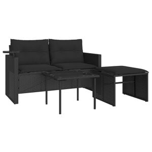 vidaXL 3-delige Loungeset met kussens poly rattan zwart