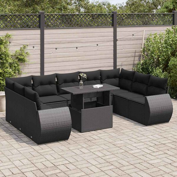 vidaXL 10-delige Loungeset met kussens poly rattan zwart
