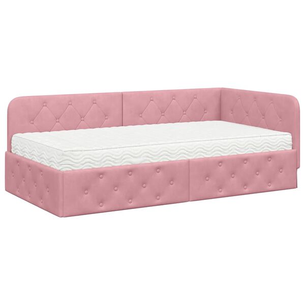 vidaXL Hoekbedframe met matras met hoofdeinde Roze 90 x 200 cm Fluweel