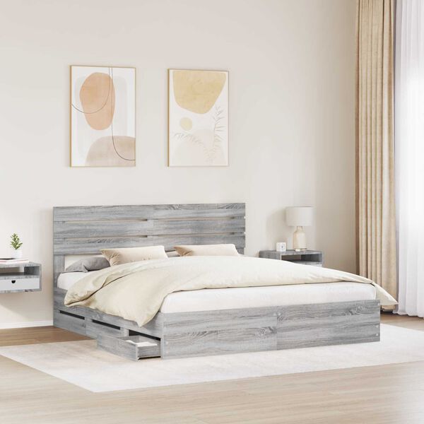 vidaXL Bedframe met lade Grijs Sonoma 200 x 200 cm Ingenieurshout