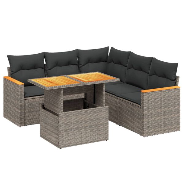 vidaXL 6-delige Loungeset met kussens poly rattan grijs