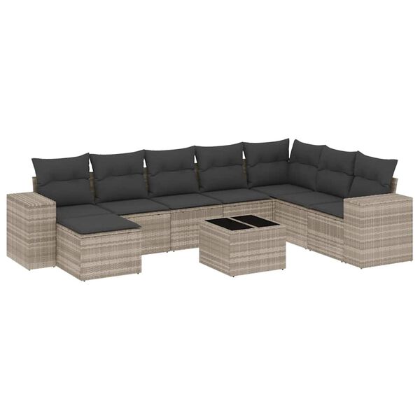 vidaXL 9-delige Loungeset met kussens poly rattan lichtgrijs