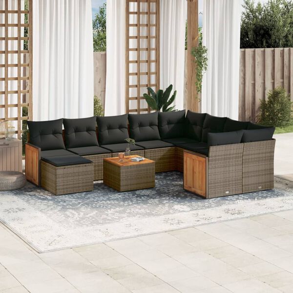 vidaXL 11-delige Loungeset met kussens poly rattan grijs