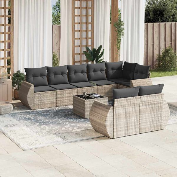 vidaXL 9-delige Loungeset met kussens poly rattan lichtgrijs