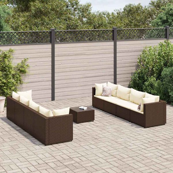vidaXL 9-delige Loungeset met kussens poly rattan bruin