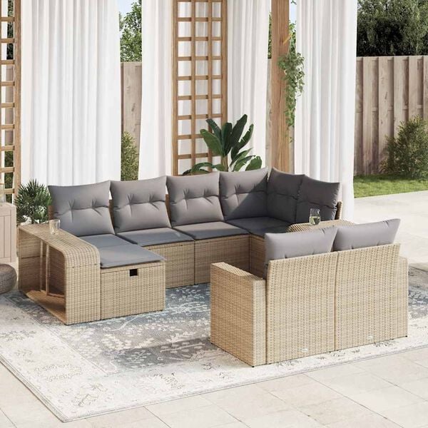 vidaXL 10-delige Loungeset met kussens poly rattan beige