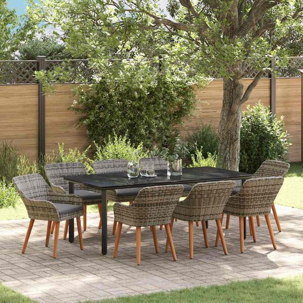 vidaXL Tuin Eetset met kussen 9 pcs Grijs poly rattan