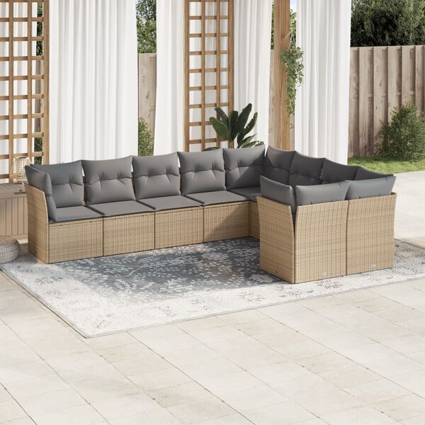 vidaXL 9-delige Loungeset met kussens poly rattan beige