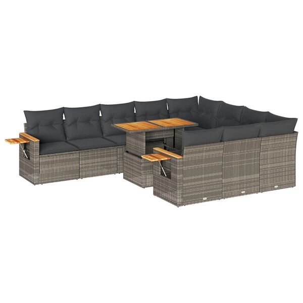 vidaXL 11-delige Loungeset met kussens poly rattan acacia grijs