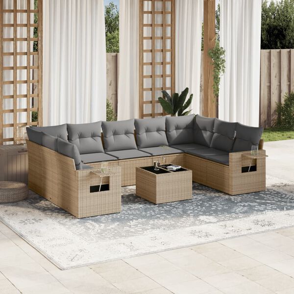 vidaXL 10-delige Loungeset met kussens poly rattan beige