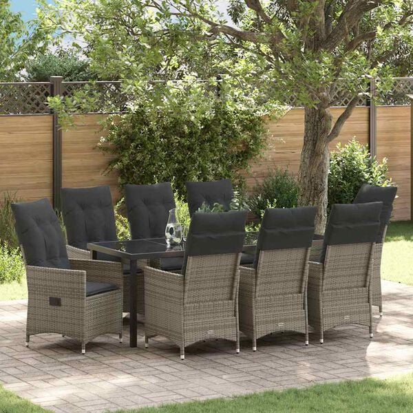 vidaXL Tuin eettafelset met kussen 9 pcs Grijs poly rattan