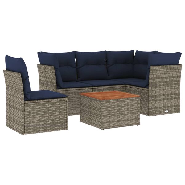 vidaXL 6-delige Loungeset met kussens poly rattan grijs