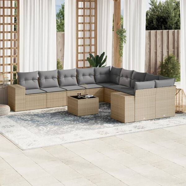 vidaXL 11-delige Tuinset met kussens poly rattan beige