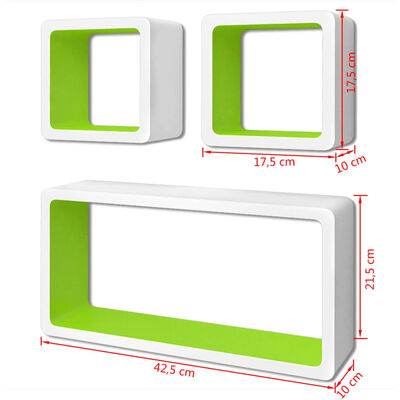 Wandplanken kubus MDF zwevend opbergruimte boeken/dvd 3 st wit-groen