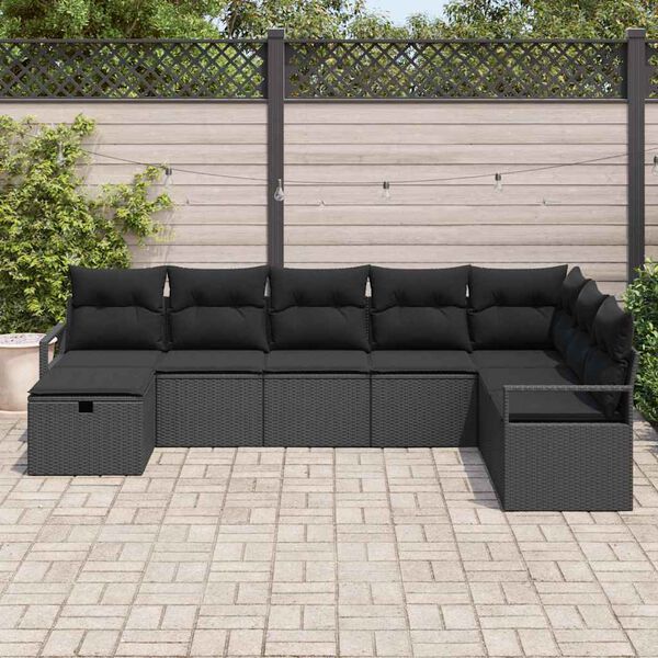 vidaXL Bankstel met kussen met opslag 8 pcs Zwart poly rattan