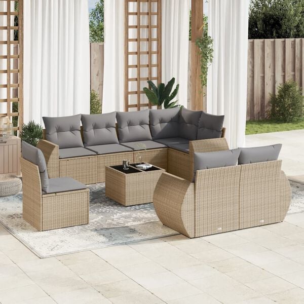 vidaXL 9-delige Loungeset met kussens poly rattan beige