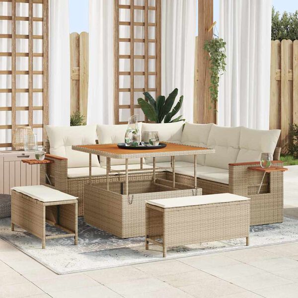 vidaXL Tuinbankenset met kussen 9 pcs Beige en Cr&egrave;me poly rattan