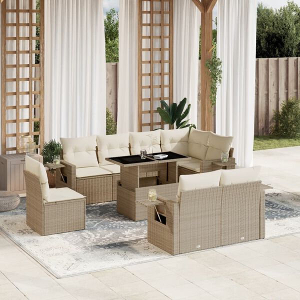 vidaXL 9-delige Loungeset met kussens poly rattan beige