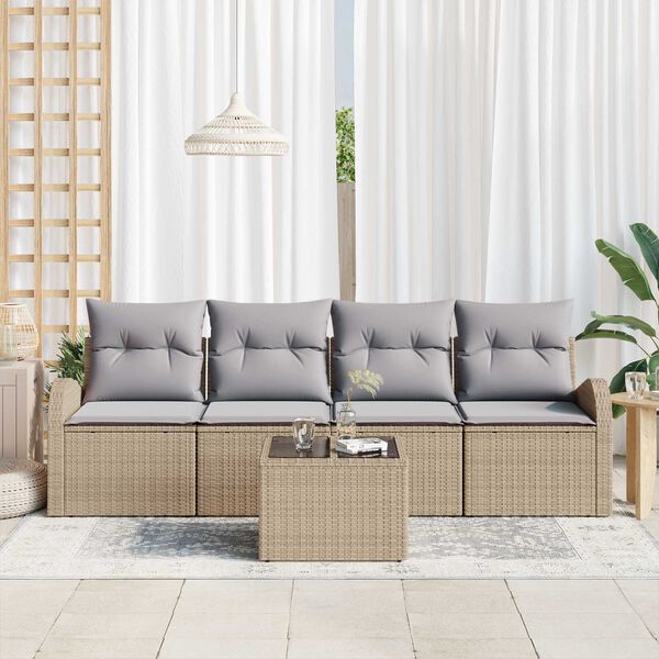 vidaXL Tuin Sofa Set 5 pcs Beige en Grijs Poly rattan, staal en glas