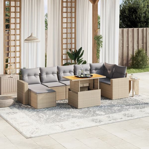 vidaXL 8-delige Loungeset met kussens poly rattan beige