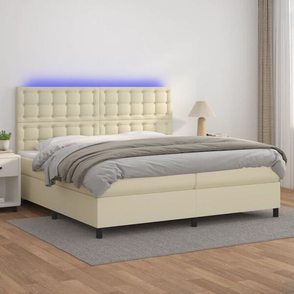 vidaXL Boxspring met matras en LED kunstleer cr&egrave;mekleurig 200x200 cm