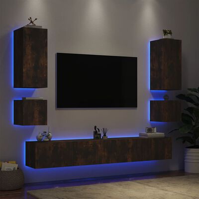 vidaXL 6-delige tv-wandmeubelset met LED-verlichting gerookt eiken