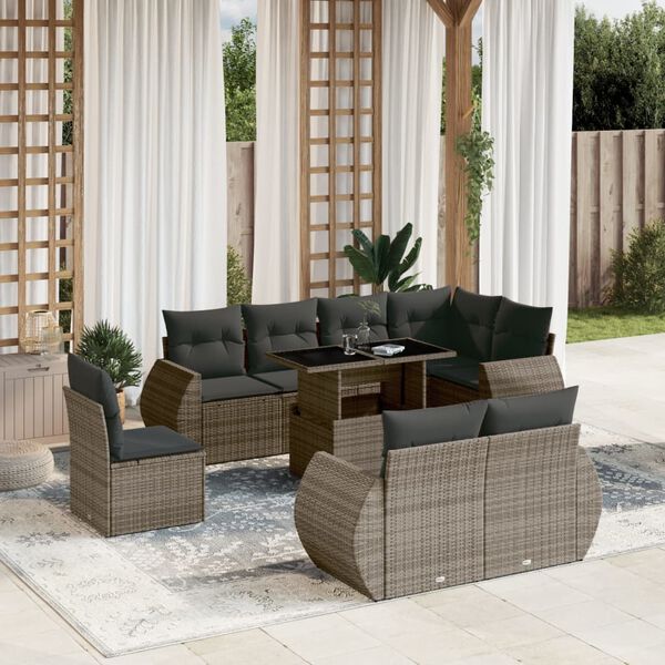 vidaXL 9-delige Loungeset met kussens poly rattan grijs