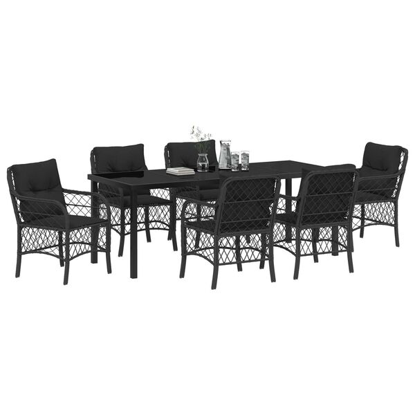vidaXL Tuin eettafelset met kussen 7 pcs Zwart poly rattan