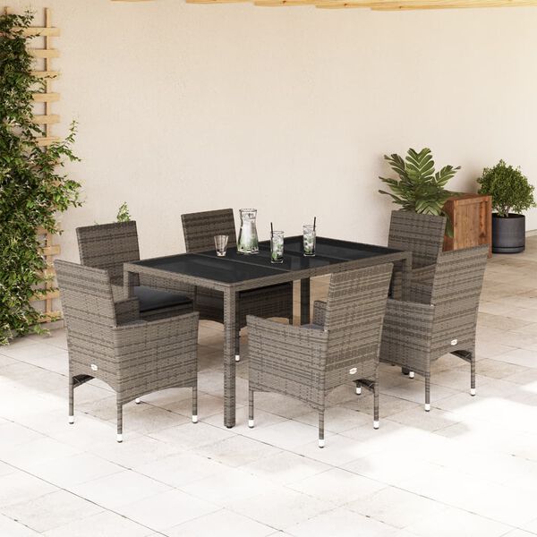 vidaXL 7-delige Tuinset met kussens poly rattan en glas grijs